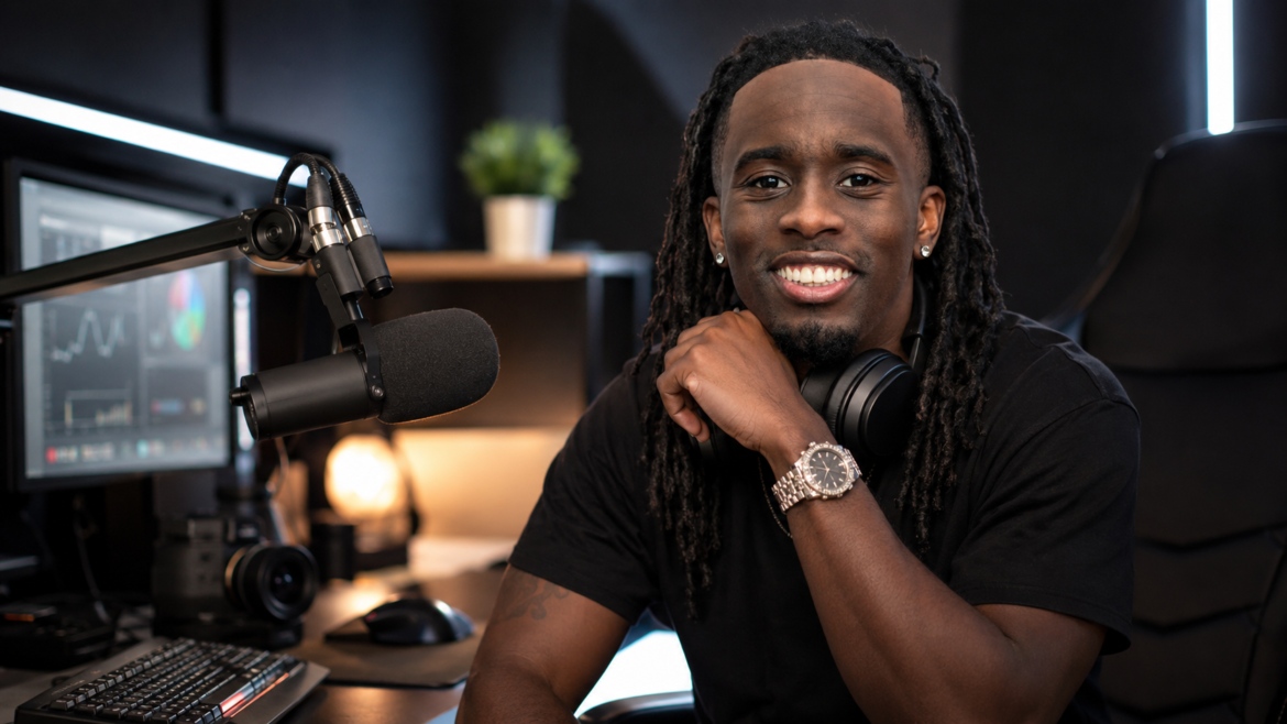 Kai Cenat Net Worth featured image showing Kai Cenat in a professional streaming studio with a microphone, headphones, and creator setup.