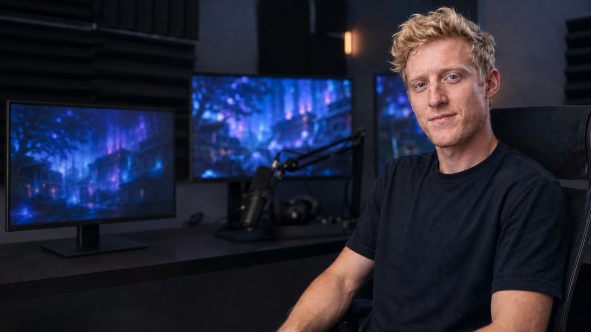 Tfue sitting at a professional gaming desk with multiple LCD monitors and a streaming microphone.