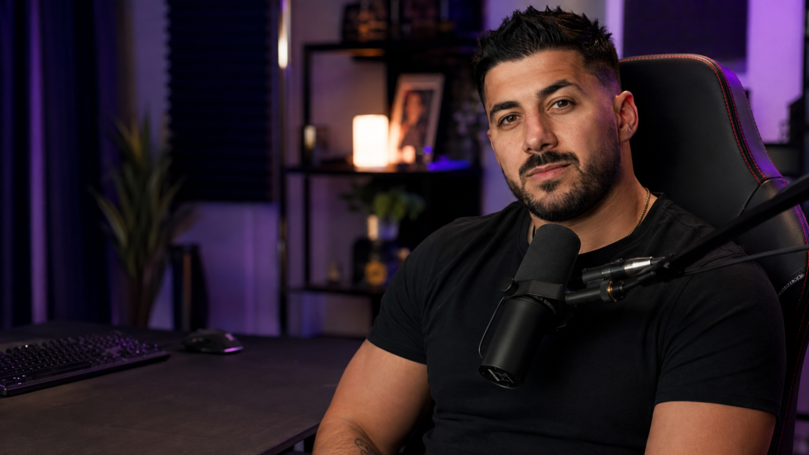 NICKMERCS Net Worth – AI-generated editorial-style portrait of NICKMERCS in a modern streaming studio with a microphone and gaming setup.
