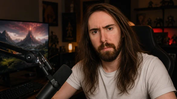 AI-generated editorial image of Asmongold in a streaming setup for an article about Asmongold net worth and creator earnings.
