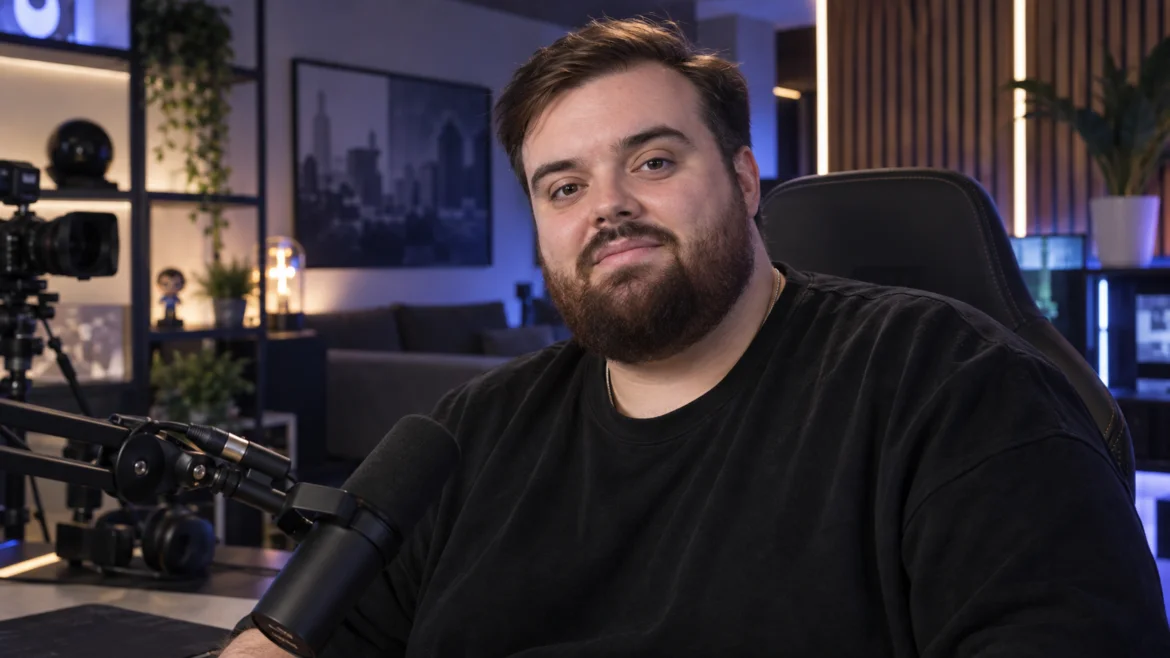 Ibai Llanos in a modern streaming studio with a professional microphone and creator setup
